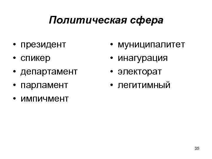 Политическая сфера • • • президент спикер департамент парламент импичмент • • муниципалитет инагурация