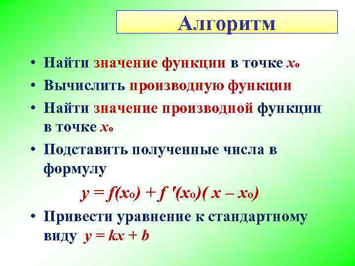 Алгоритм • Найти значение функции в точке хо • Вычислить производную функции • Найти