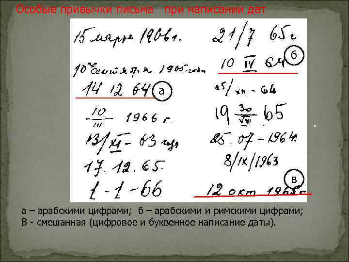 Особые привычки письма при написании дат б а. в а – арабскими цифрами; б