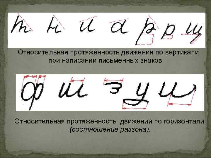 Частные признаки криминалистика. Протяженность движения по вертикали. Протяженность движения по горизонтали. Относительная протяженность движений по горизонтали. Направление движений при написании.