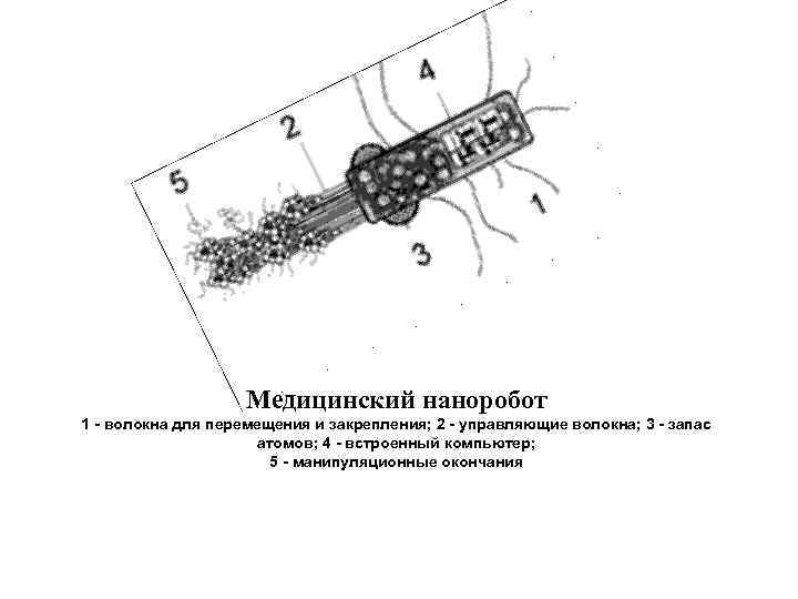 Медицинский наноробот 1 - волокна для перемещения и закрепления; 2 - управляющие волокна; 3