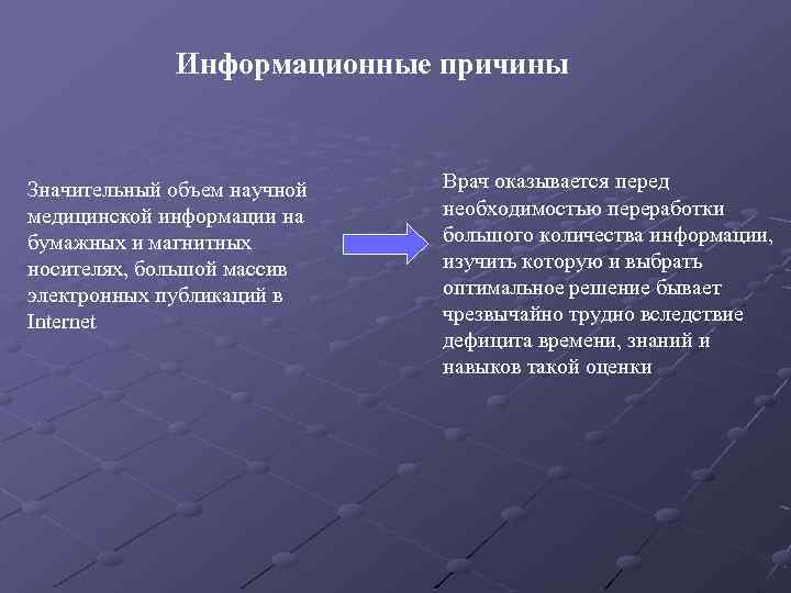 Информационные причины Значительный объем научной медицинской информации на бумажных и магнитных носителях, большой массив