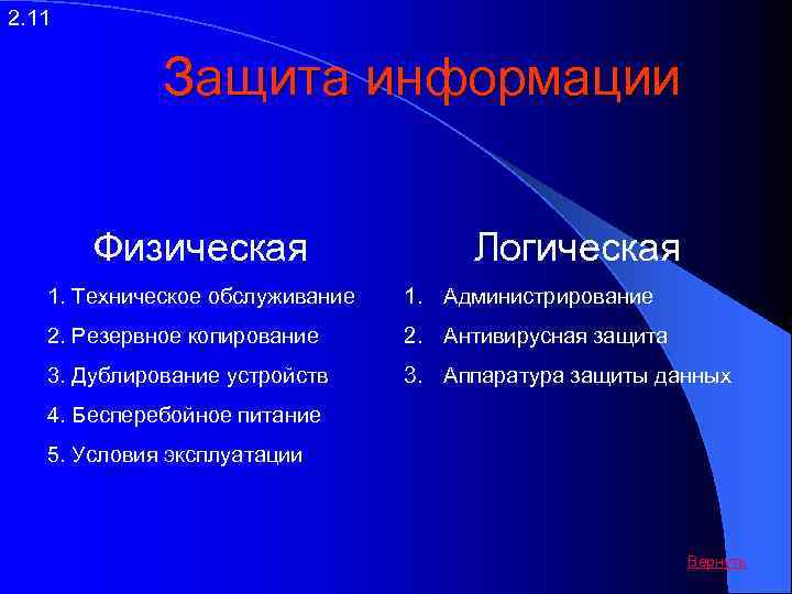 2. 11 Защита информации Физическая Логическая 1. Техническое обслуживание 1. Администрирование 2. Резервное копирование
