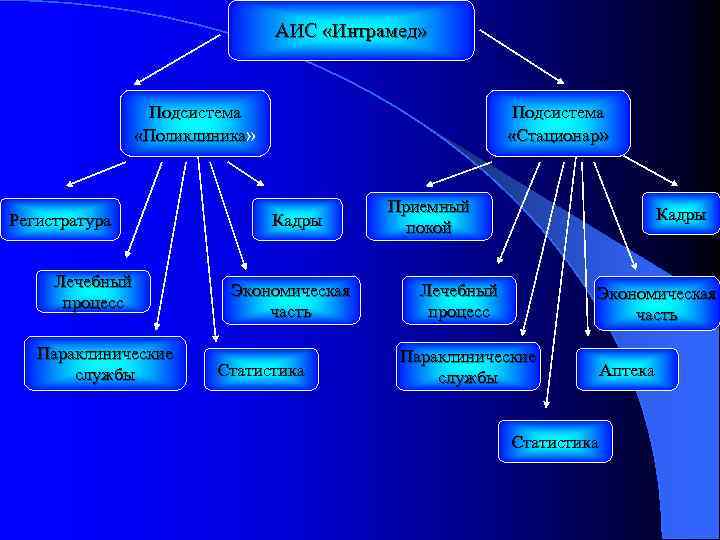 АИС «Интрамед» Подсистема «Поликлиника» Регистратура Лечебный процесс Параклинические службы Подсистема «Стационар» Кадры Экономическая часть