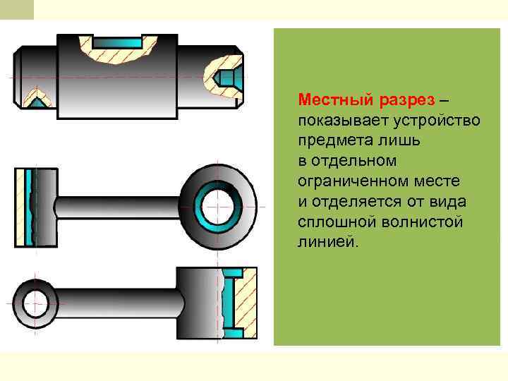 Местный разрез – показывает устройство предмета лишь в отдельном ограниченном месте и отделяется от