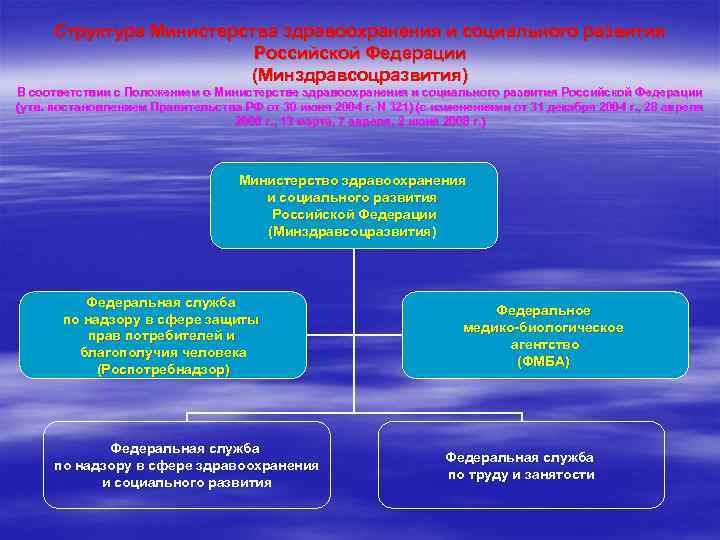 Структура Министерства здравоохранения и социального развития Российской Федерации (Минздравсоцразвития) В соответствии с Положением о