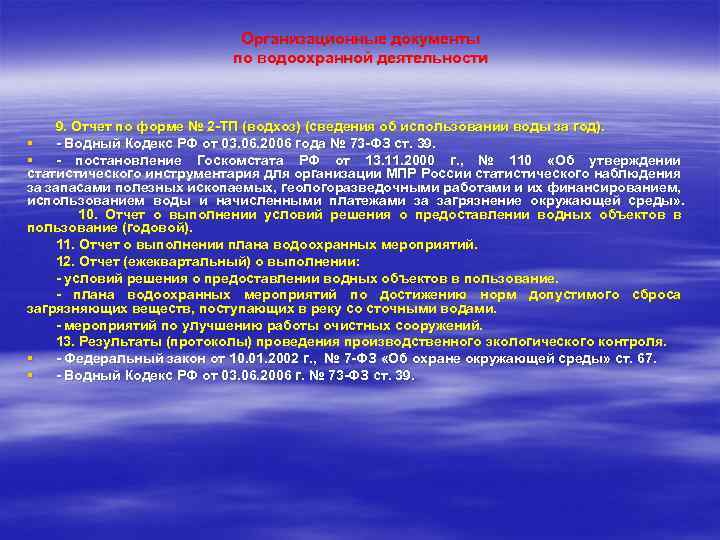 Организационные документы по водоохранной деятельности 9. Отчет по форме № 2 -ТП (водхоз) (сведения