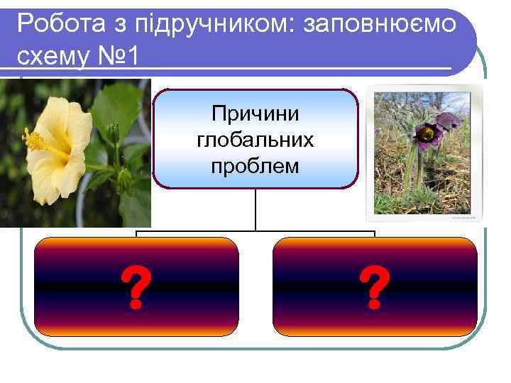 Робота з підручником: заповнюємо схему № 1 Причини глобальних проблем ? ? 