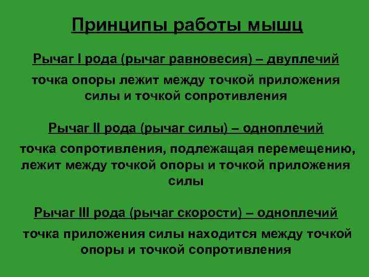 Принципы работы мышц Рычаг I рода (рычаг равновесия) – двуплечий точка опоры лежит между