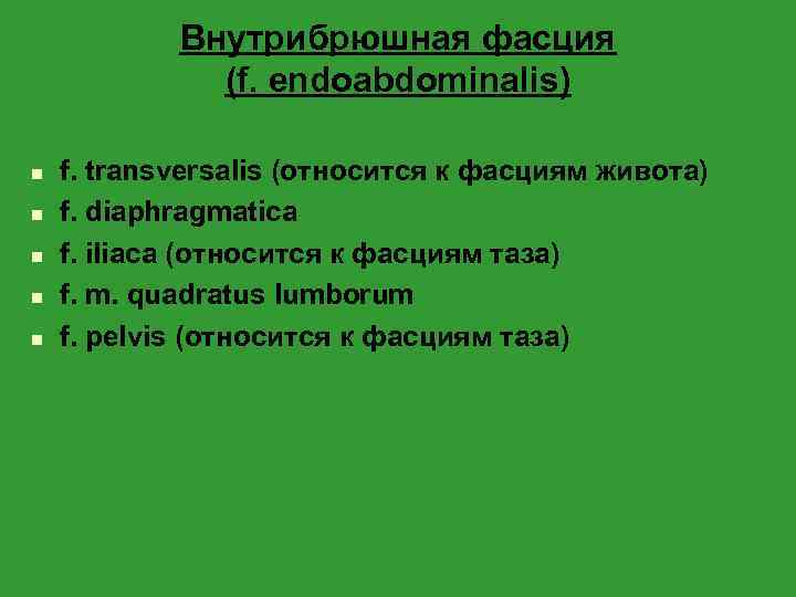Внутрибрюшная фасция (f. endoabdominalis) n n n f. transversalis (относится к фасциям живота) f.