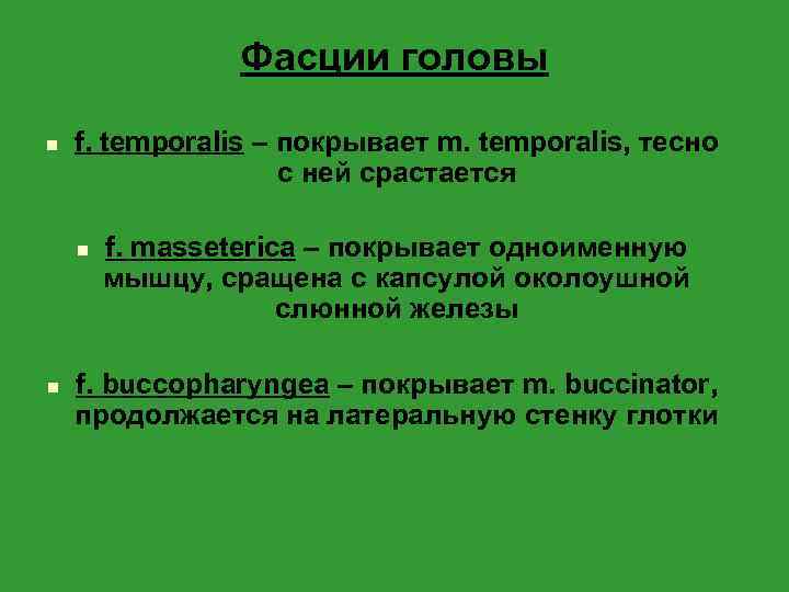 Фасции головы n f. temporalis – покрывает m. temporalis, тесно с ней срастается n