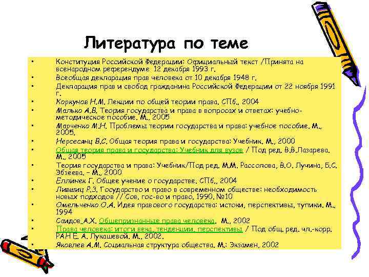  Литература по теме • Конституция Российской Федерации: Официальный текст /Принята на всенародном референдуме