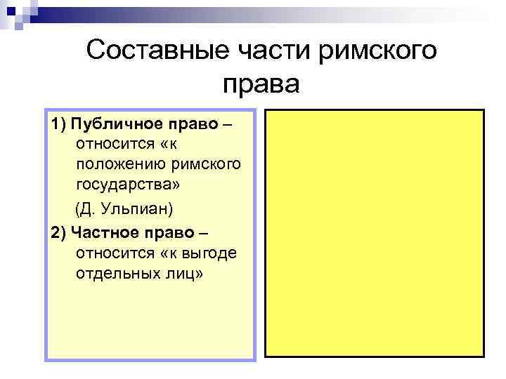 Относится римское право. Составные части Римского права это:. Субъекты Римского публичного права. Составные части Римского частного права. Публичное и частное право в римском праве.