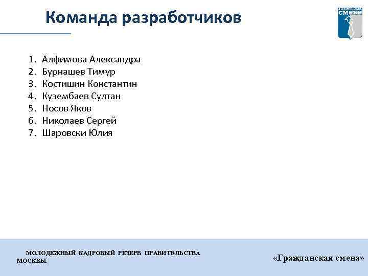 Команда разработчиков 1. 2. 3. 4. 5. 6. 7. Алфимова Александра Бурнашев Тимур Костишин