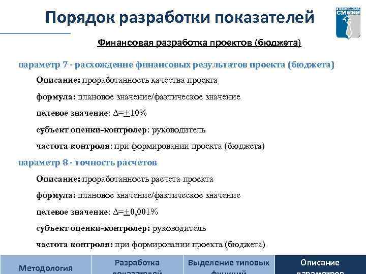 Порядок разработки показателей Финансовая разработка проектов (бюджета) параметр 7 - расхождение финансовых результатов проекта