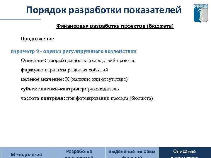 Порядок разработки показателей Финансовая разработка проектов (бюджета) Продолжение параметр 9 - оценка регулирующего воздействия
