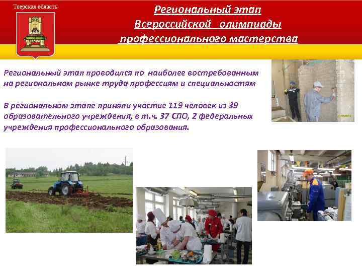 Региональный этап Всероссийской олимпиады профессионального мастерства Региональный этап проводился по наиболее востребованным на региональном