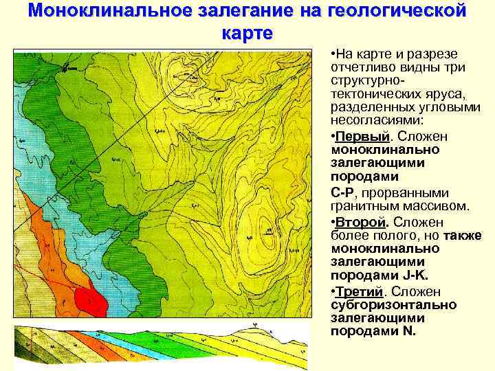 Моноклинальное залегание на геологической карте • На карте и разрезе отчетливо видны три структурнотектонических