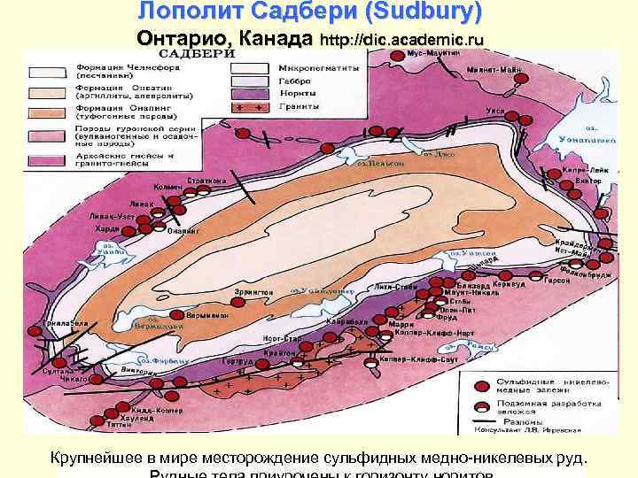 Лополит Садбери (Sudbury) Онтарио, Канада http: //dic. academic. ru Крупнейшее в мире месторождение сульфидных
