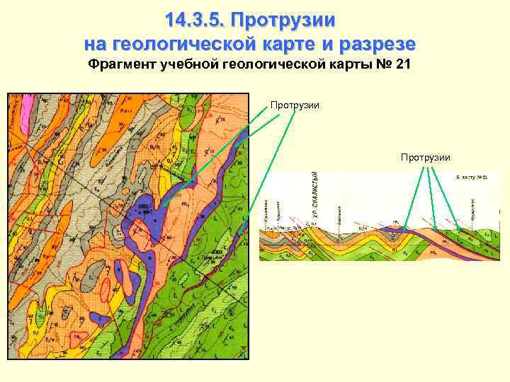 14. 3. 5. Протрузии на геологической карте и разрезе Фрагмент учебной геологической карты №