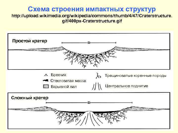 Схема строения импактных структур http: //upload. wikimedia. org/wikipedia/commons/thumb/4/47/Craterstructure. gif/400 px-Craterstructure. gif Простой кратер Брекчия