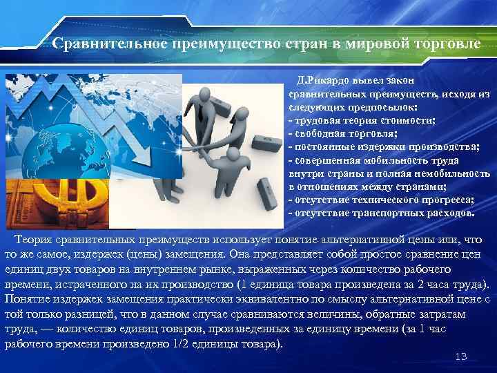 Сравнительное преимущество стран в мировой торговле Д. Рикардо вывел закон сравнительных преимуществ, исходя из