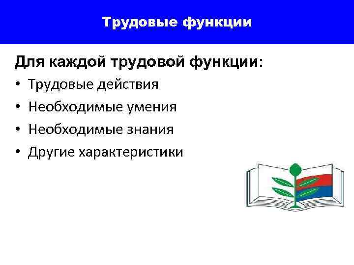 Трудовые функции Для каждой трудовой функции: • Трудовые действия • Необходимые умения • Необходимые