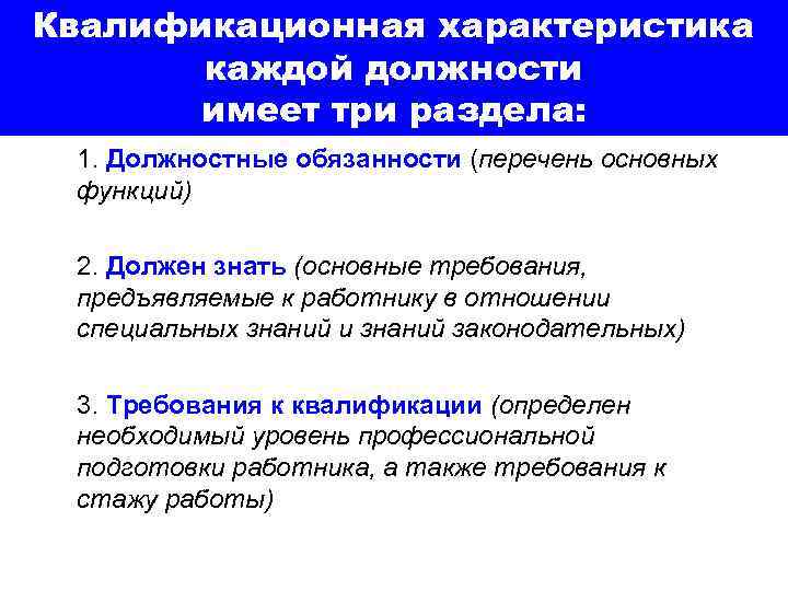 Квалификационная характеристика каждой должности имеет три раздела: 1. Должностные обязанности (перечень основных функций) 2.