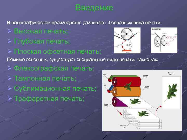 Введение В полиграфическом производстве различают 3 основных вида печати: Ø Высокая печать; Ø Глубокая