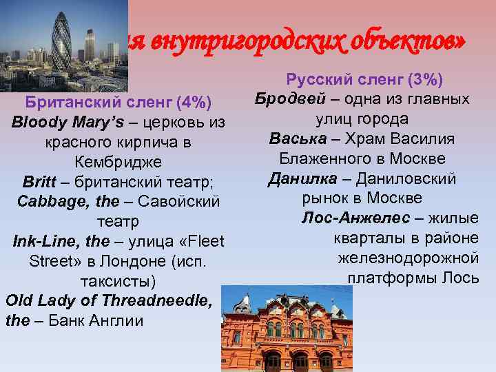  «названия внутригородских объектов» Британский сленг (4%) Bloody Mary’s – церковь из красного кирпича
