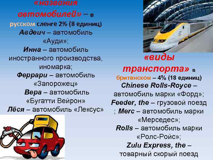  «названия автомобилей» – в русском сленге 2% (8 единиц) Авдеич – автомобиль «Ауди»