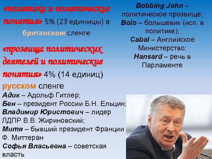  «политика и политические понятия» 5% (23 единицы) в британском сленге «прозвища политических деятелей