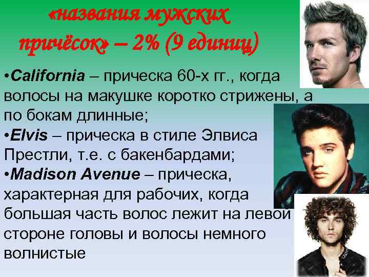  «названия мужских причёсок» – 2% (9 единиц) • California – прическа 60 -х