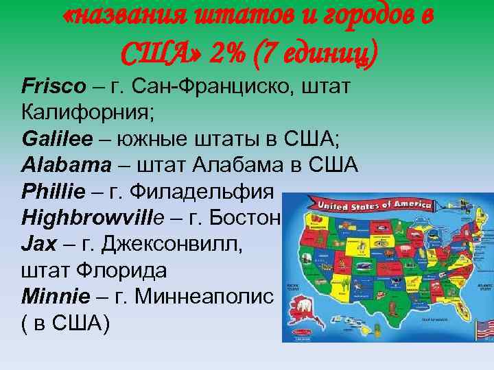  «названия штатов и городов в США» 2% (7 единиц) Frisco – г. Сан-Франциско,