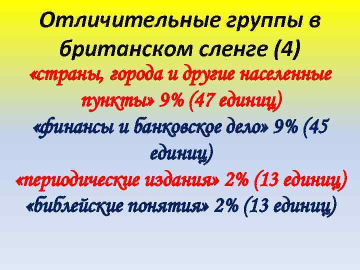 Отличительные группы в британском сленге (4) «страны, города и другие населенные пункты» 9% (47