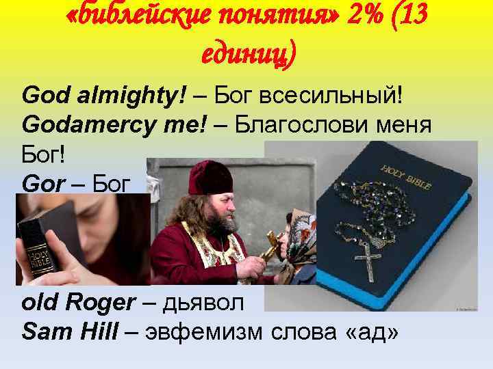  «библейские понятия» 2% (13 единиц) God almighty! – Бог всесильный! Godamercy me! –