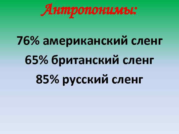 Антропонимы: 76% американский сленг 65% британский сленг 85% русский сленг 