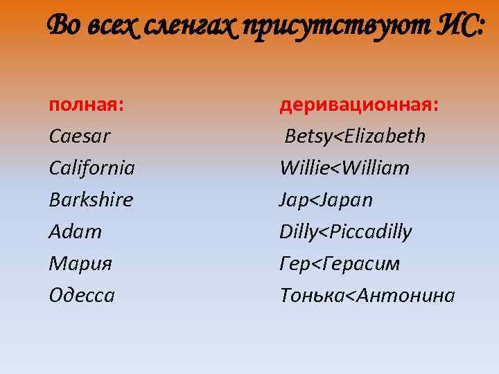 Во всех сленгах присутствуют ИС: полная: Caesar California Barkshire Adam Мария Одесса деривационная: Betsy<Elizabeth