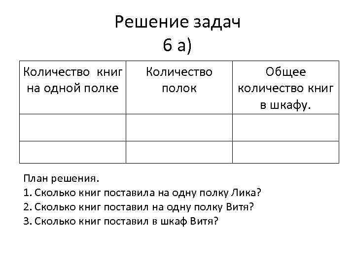 Решение задач 6 а) Количество книг на одной полке Количество полок Общее количество книг