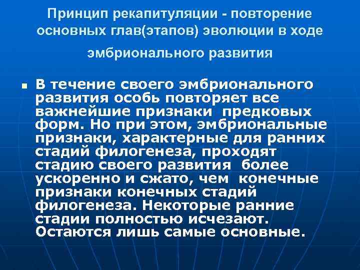 Принцип рекапитуляции - повторение основных глав(этапов) эволюции в ходе эмбрионального развития n В течение