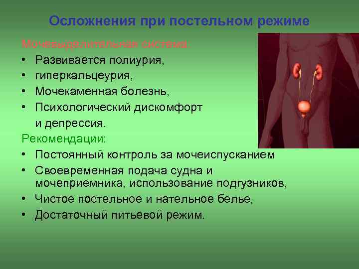 Осложнения при постельном режиме Мочевыделительная система: • Развивается полиурия, • гиперкальцеурия, • Мочекаменная болезнь,