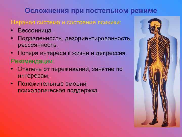 Осложнения при постельном режиме Нервная система и состояние психики: • Бессонница , • Подавленность,
