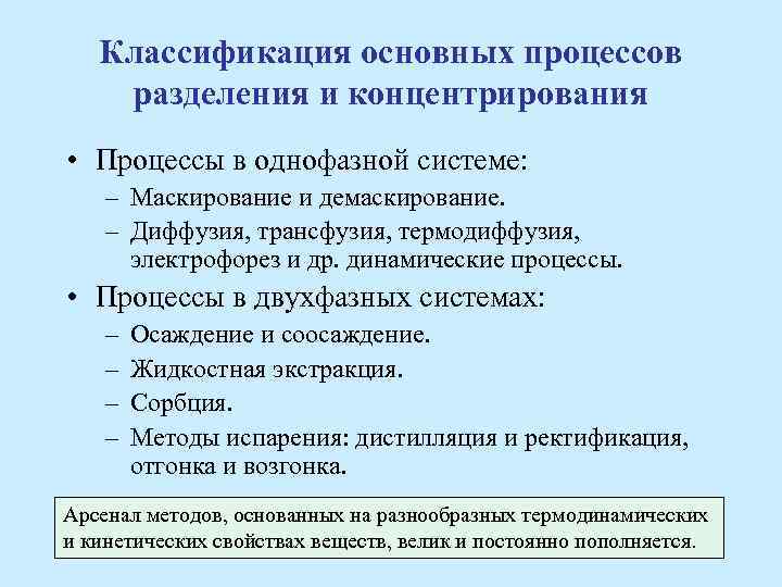 Классификация основных процессов разделения и концентрирования • Процессы в однофазной системе: – Маскирование и