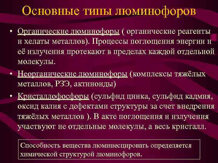 Основные типы люминофоров • Органические люминофоры ( органические реагенты и хелаты металлов). Процессы поглощения