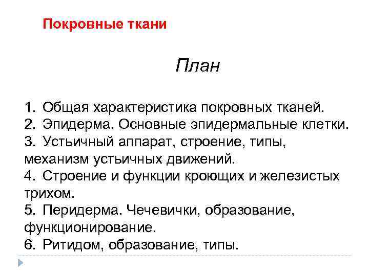 Покровные ткани План 1. Общая характеристика покровных тканей. 2. Эпидерма. Основные эпидермальные клетки. 3.
