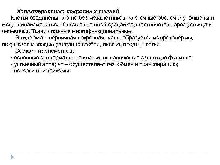 Характеристика покровных тканей. Клетки соединены плотно без межклетников. Клеточные оболочки утолщены и могут видоизменяться.