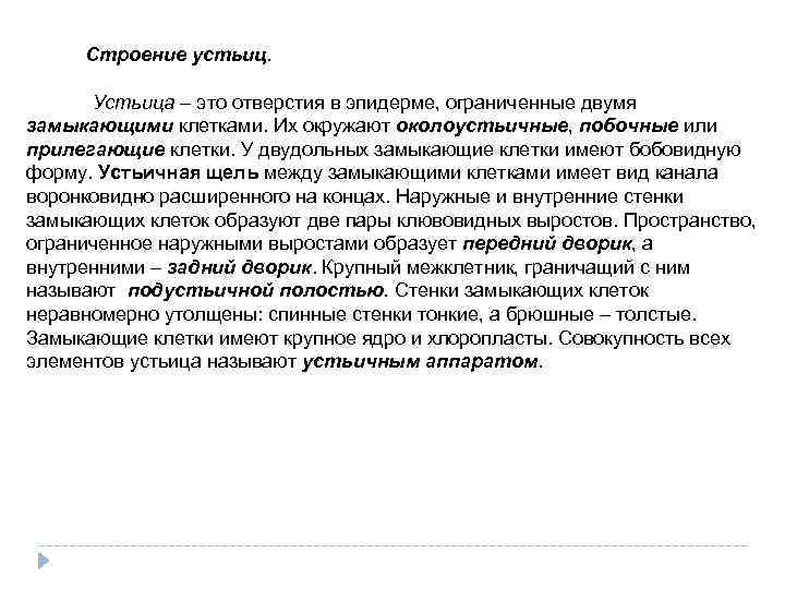 Строение устьиц. Устьица – это отверстия в эпидерме, ограниченные двумя замыкающими клетками. Их окружают