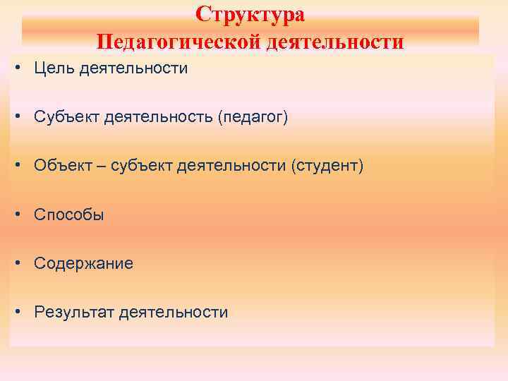 Структура Педагогической деятельности • Цель деятельности • Субъект деятельность (педагог) • Объект – субъект