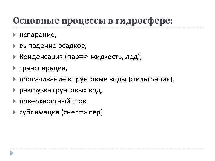 Основные процессы в гидросфере: испарение, выпадение осадков, Конденсация (пар=> жидкость, лед), транспирация, просачивание в