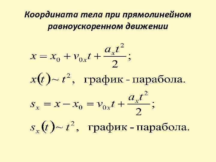 Координата тела при прямолинейном равноускоренном движении 